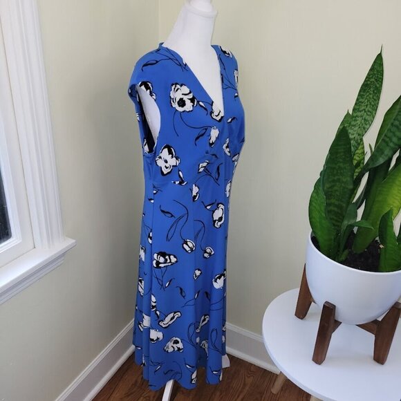 Evan Picone Black Label Floral Knee Length Dress V-Neck Sleeveless Blue Size 14 - Picture 7 of 14